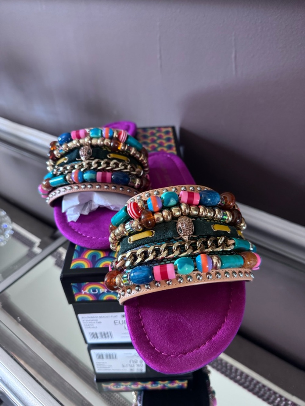 Kurt Geiger Multicolor Beaded Chain Slide Sandal - Magenta & Turquoise